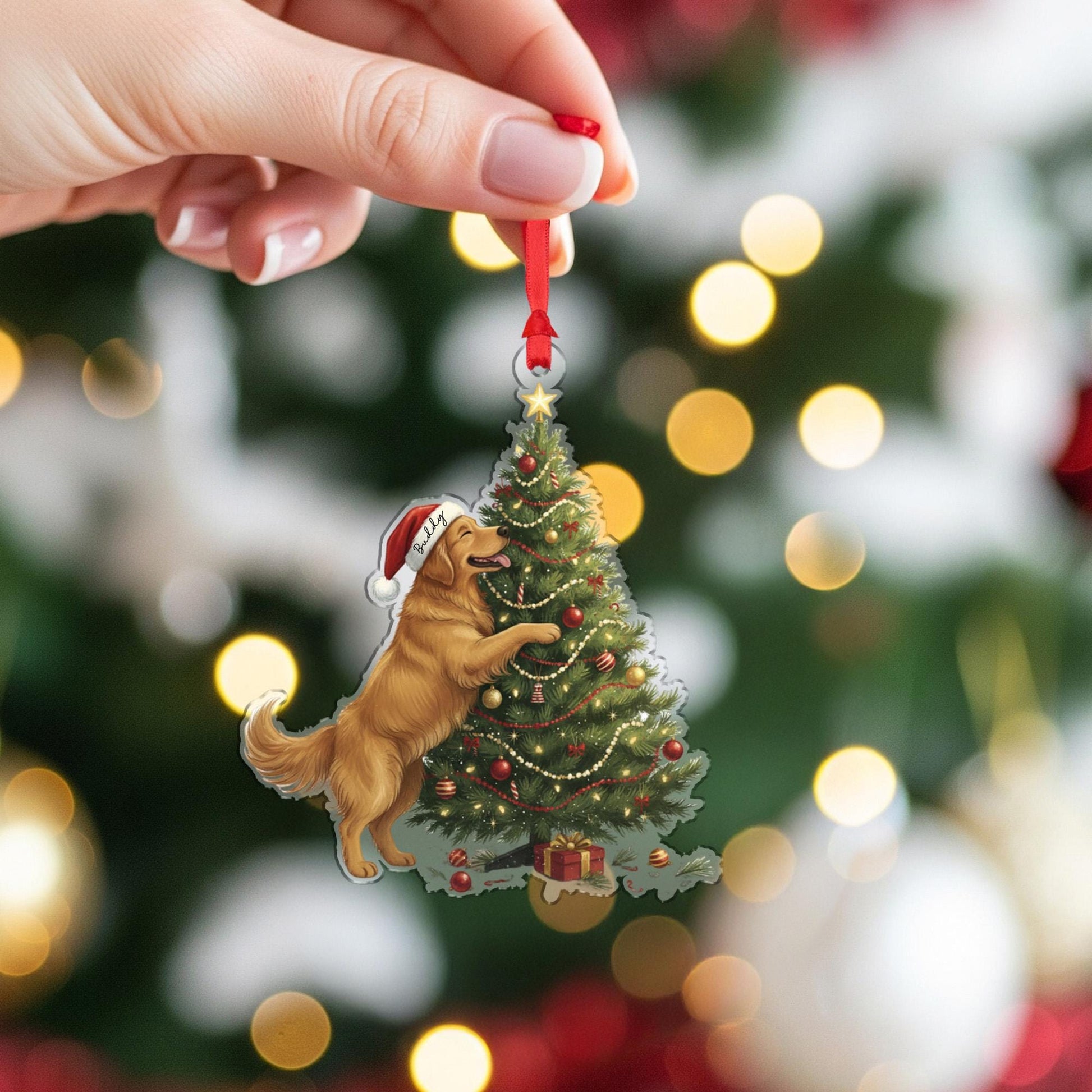 Personalized Dog Christmas Ornament – Golden Retriever with Santa Hat and Holiday Tree