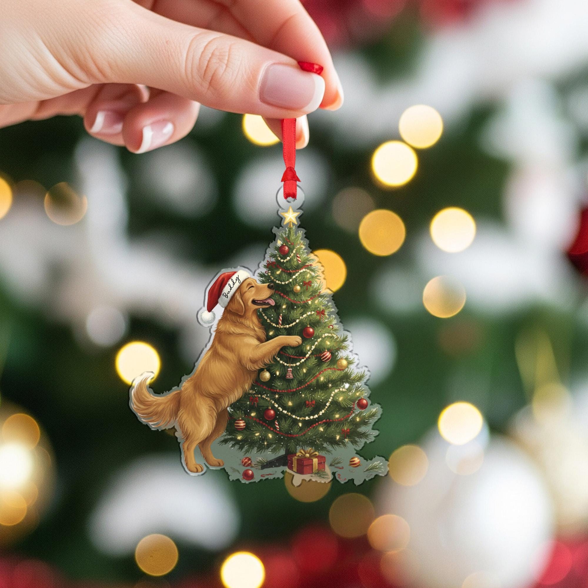 Personalized Dog Christmas Ornament – Golden Retriever with Santa Hat and Holiday Tree