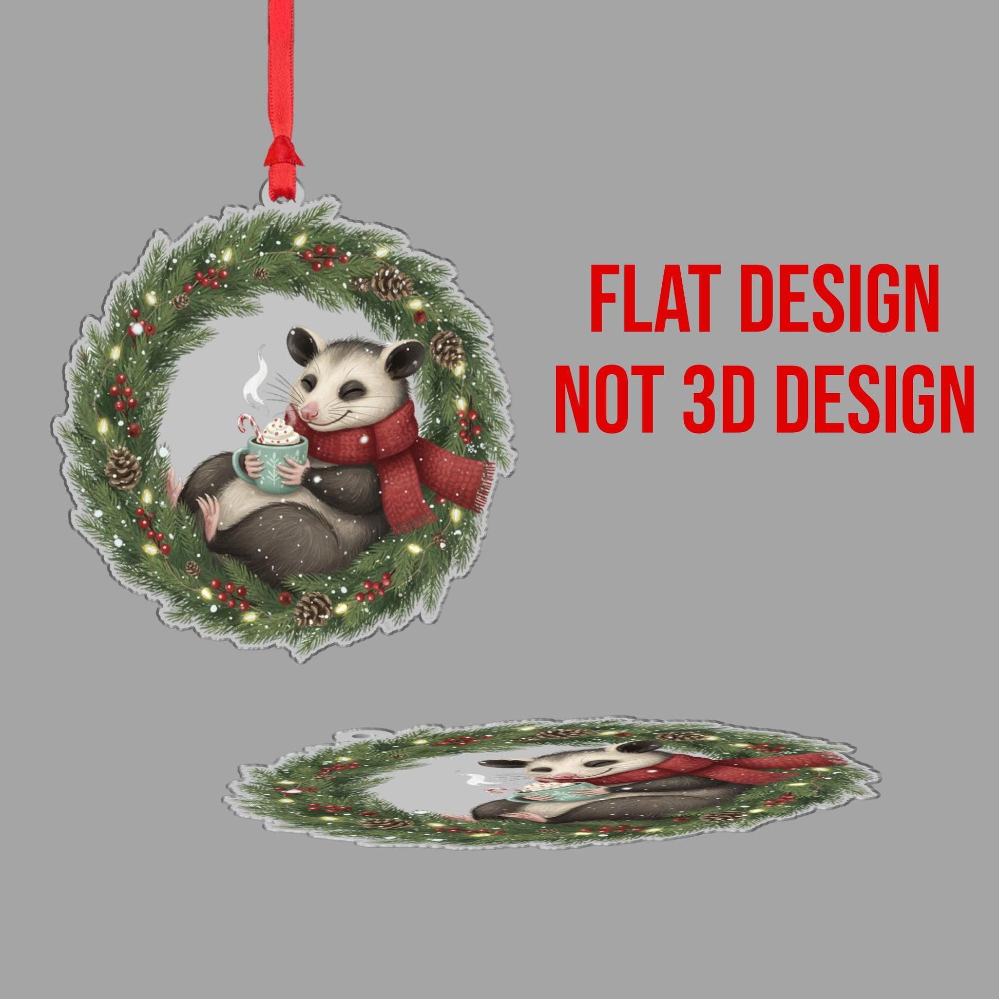 Possum Christmas Ornament – Woodland Animal in Wreath with Scarf and Hot Cocoa