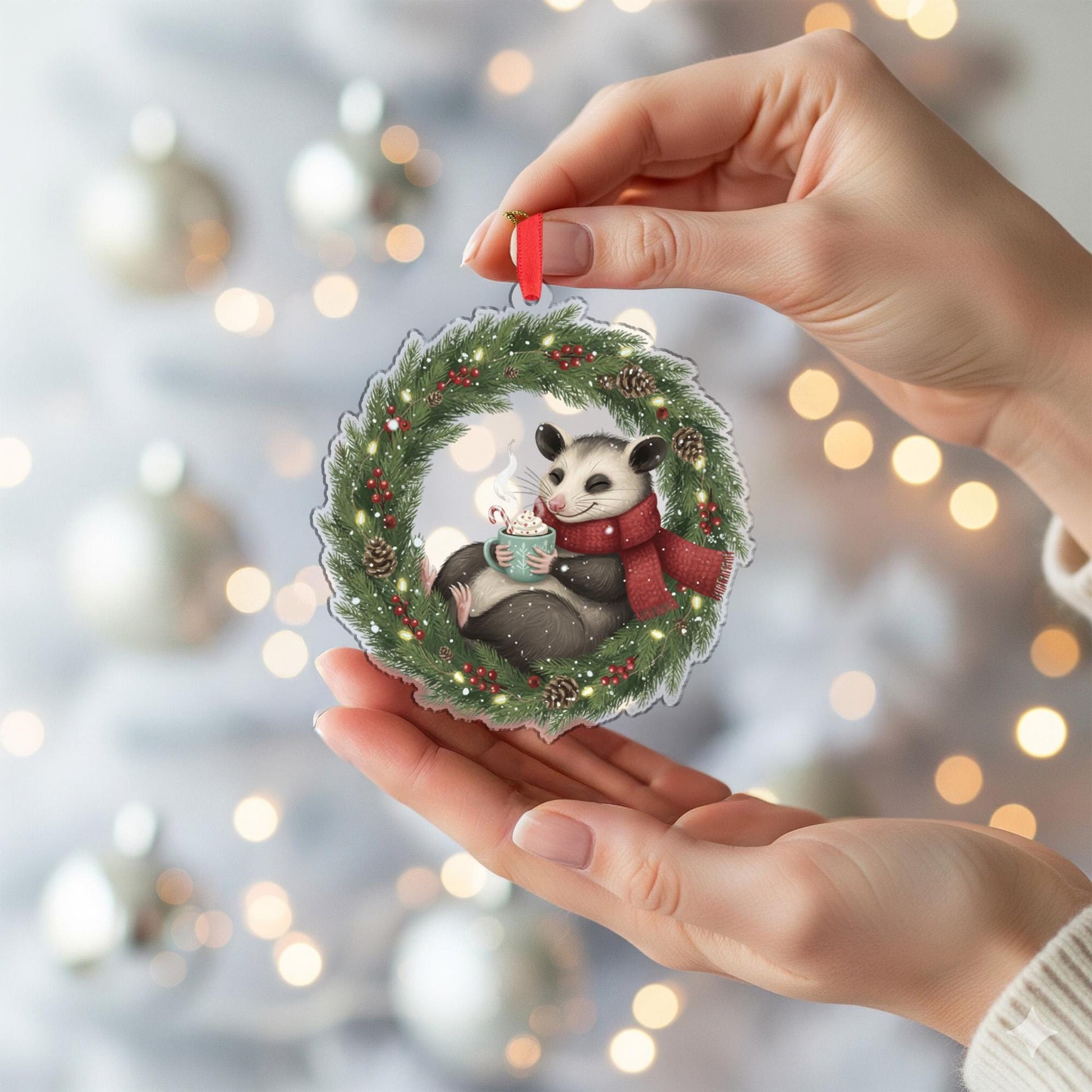 Possum Christmas Ornament – Woodland Animal in Wreath with Scarf and Hot Cocoa