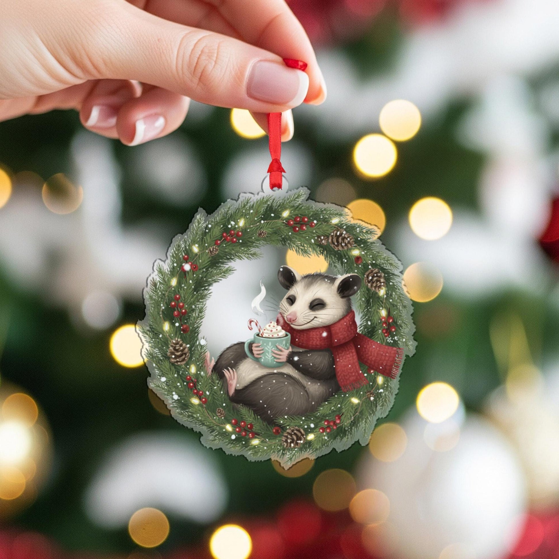 Possum Christmas Ornament – Woodland Animal in Wreath with Scarf and Hot Cocoa