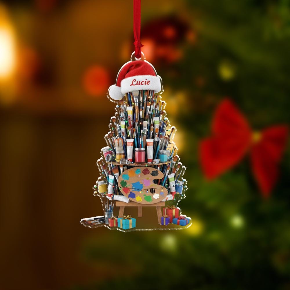 Personalized Artist Ornament, Acrylic Paint Brush Tree Design for Christmas Decoration