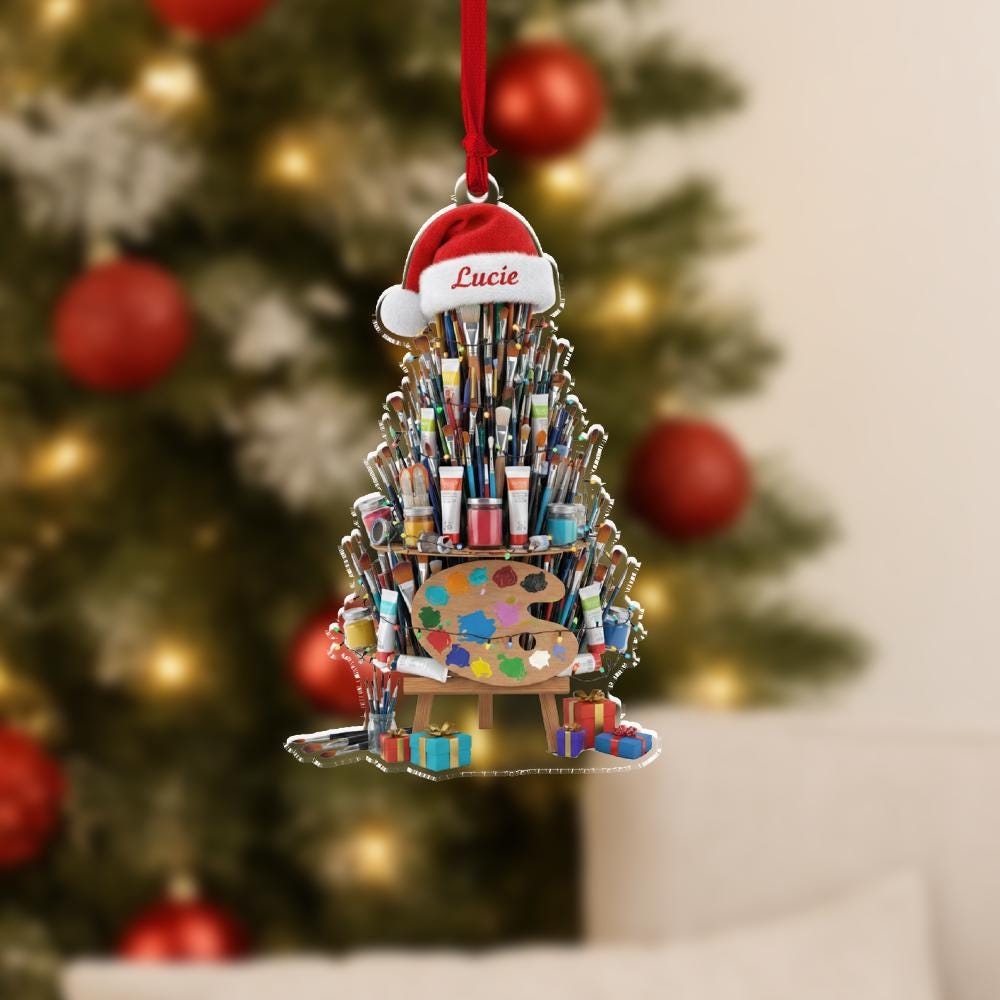 Personalized Artist Ornament, Acrylic Paint Brush Tree Design for Christmas Decoration