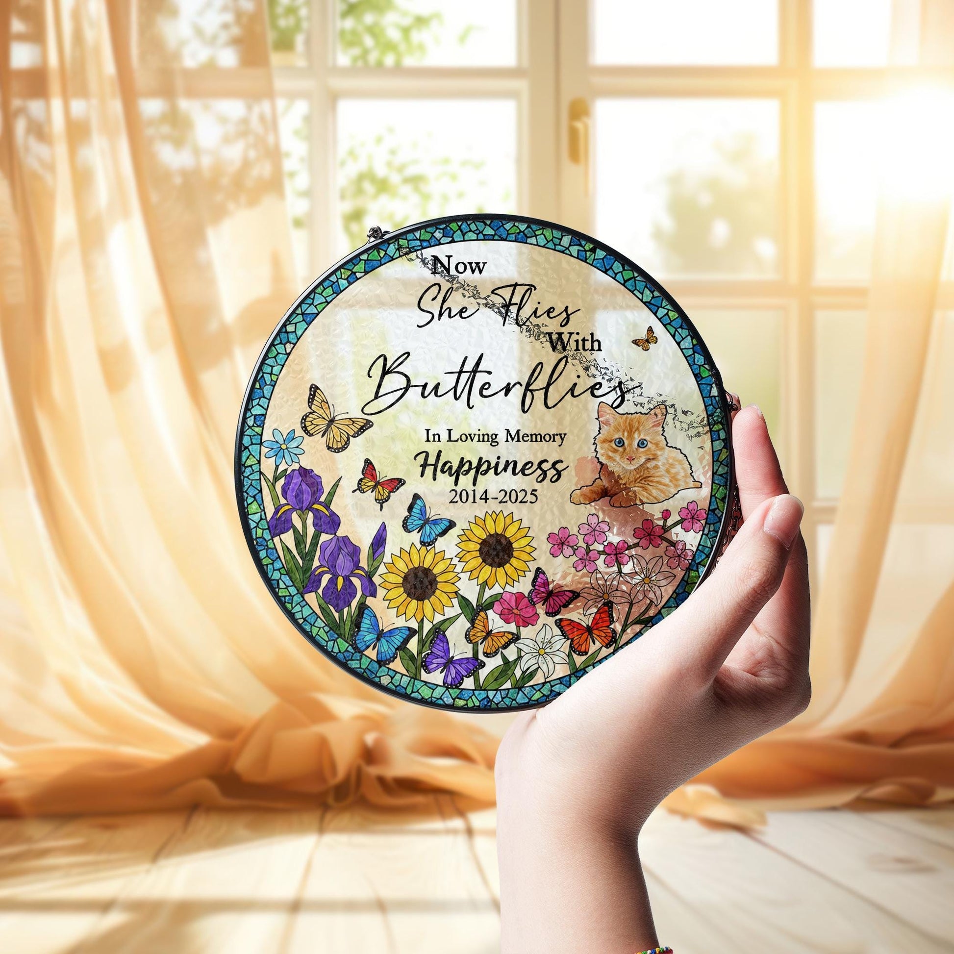 Personalized Cat Memorial Suncatcher – Glass Window Hanging with Butterflies and Flowers