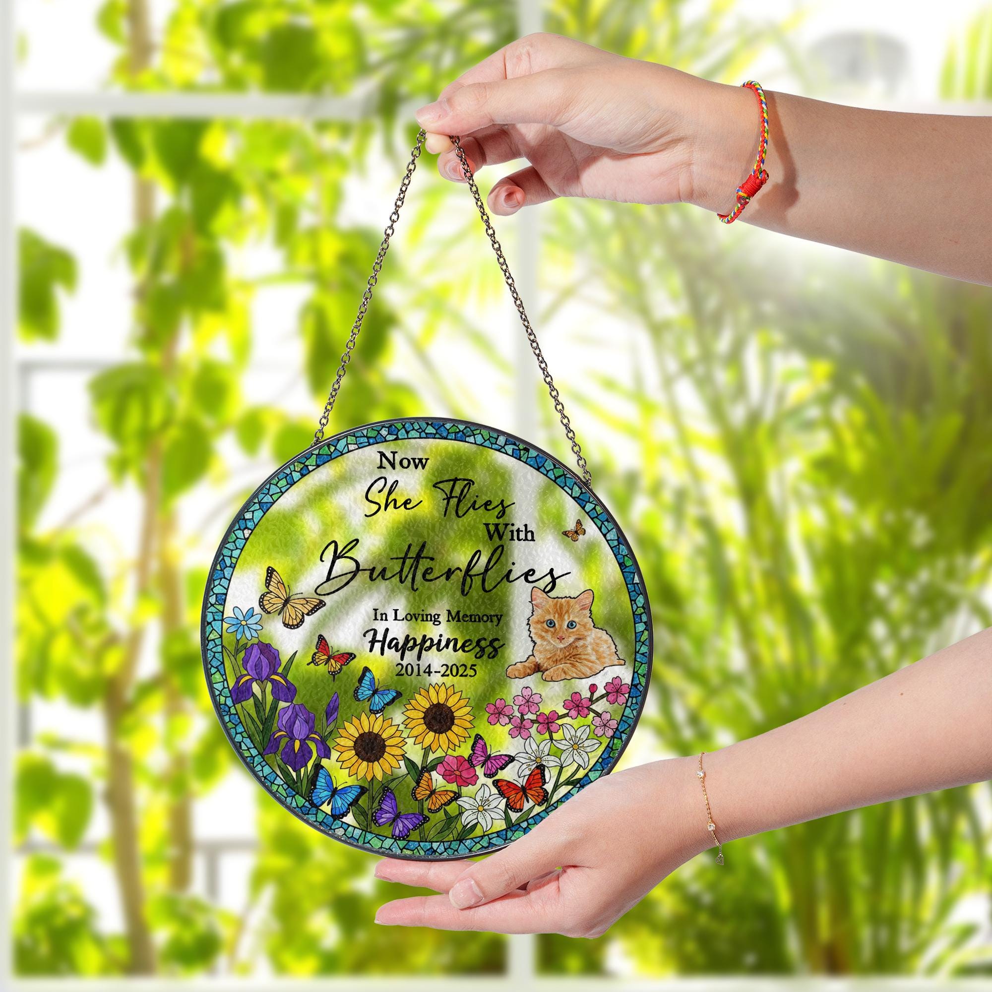 Personalized Cat Memorial Suncatcher – Glass Window Hanging with Butterflies and Flowers