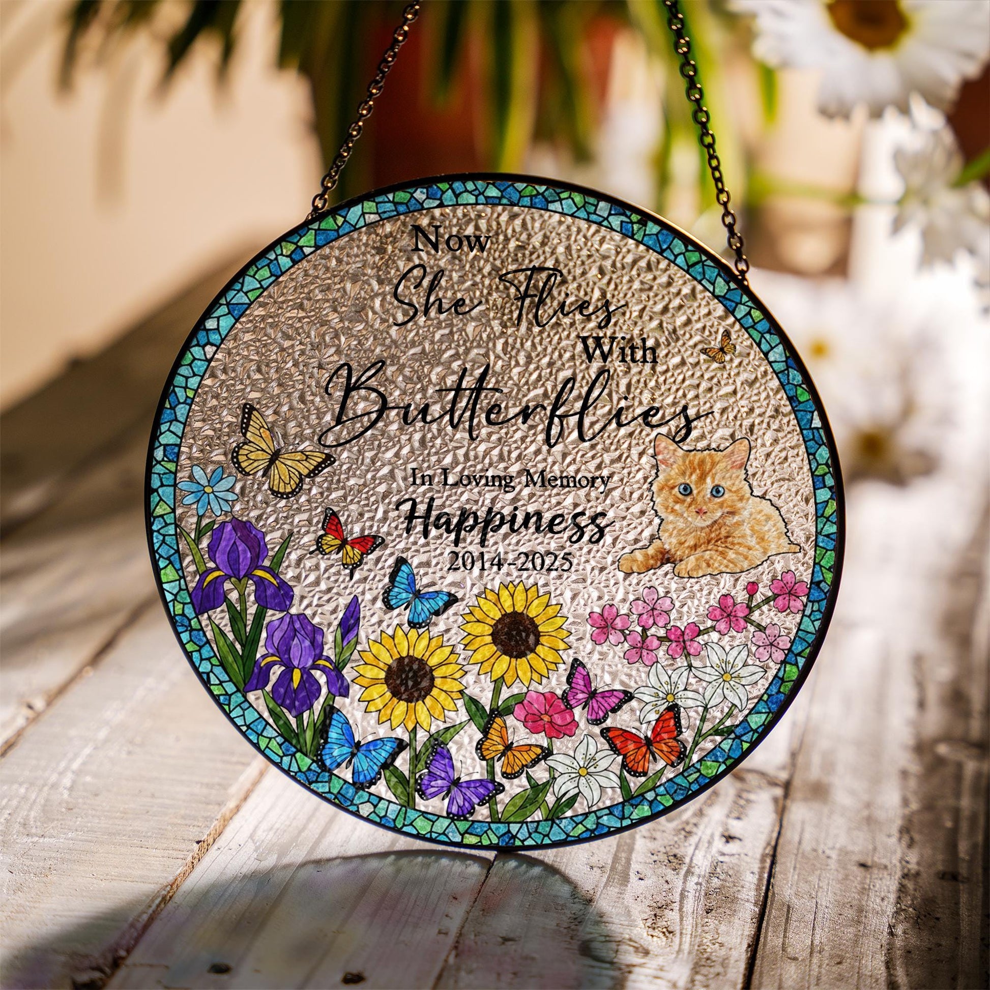Personalized Cat Memorial Suncatcher – Glass Window Hanging with Butterflies and Flowers