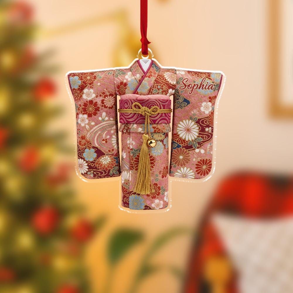 Personalized Kimono Ornament, Acrylic Hanging Decoration with Floral Pattern and Tassel