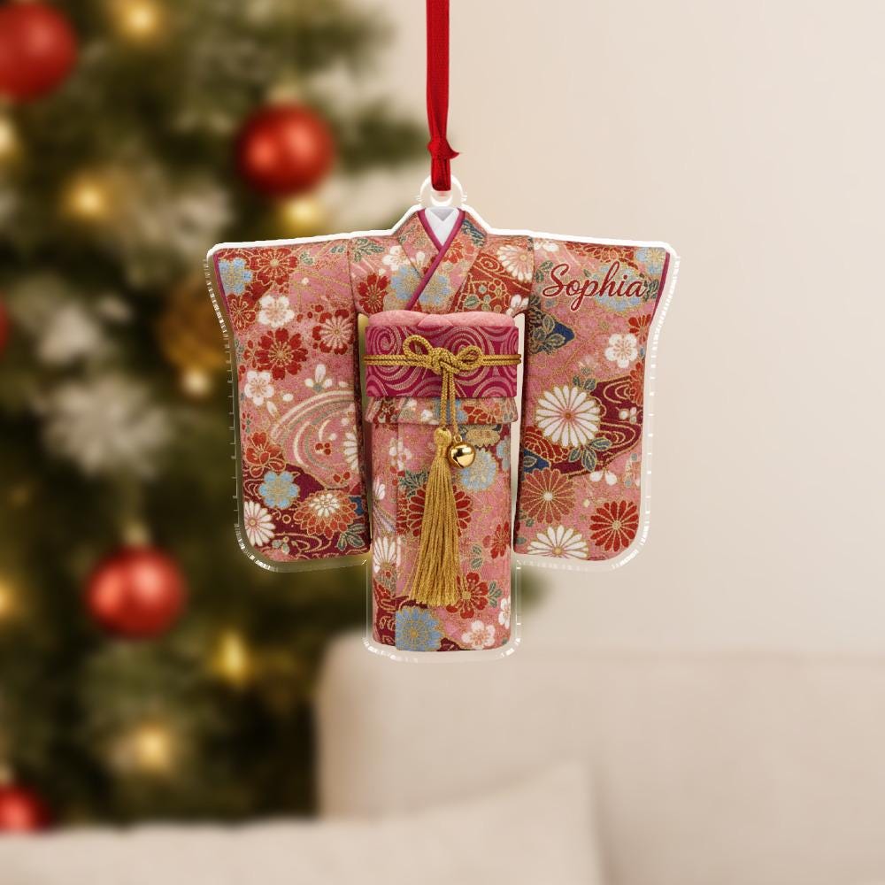 Personalized Kimono Ornament, Acrylic Hanging Decoration with Floral Pattern and Tassel