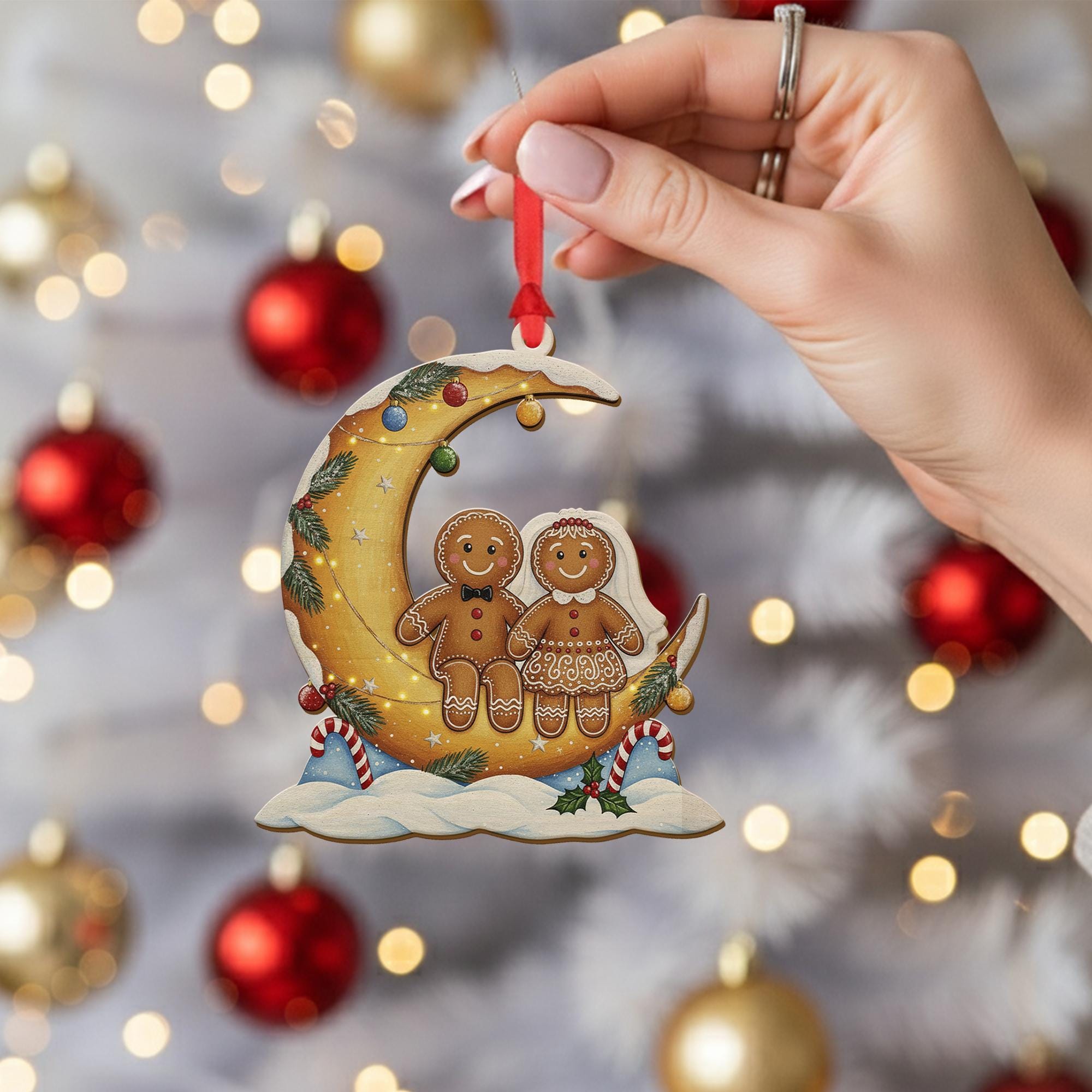 Wood Gingerbread Ornament – Moon Design Hanging with Holiday Details