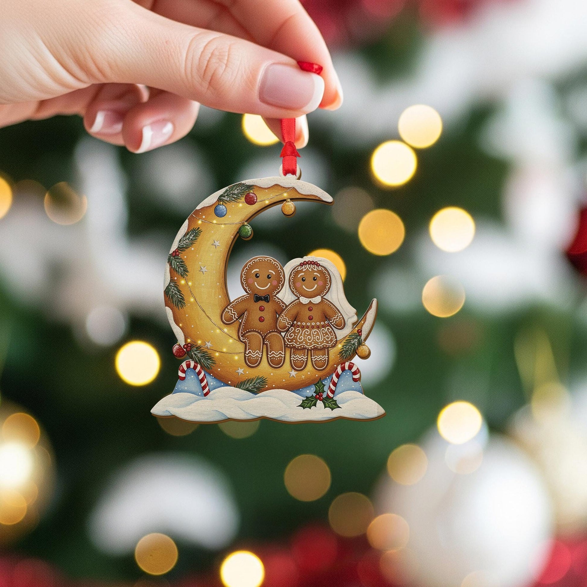 Wood Gingerbread Ornament – Moon Design Hanging with Holiday Details