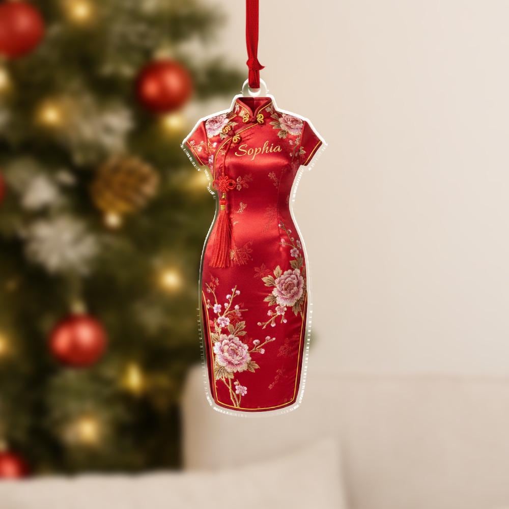 Personalized Qipao Ornament, Acrylic Hanging Decoration with Red Floral Dress Design