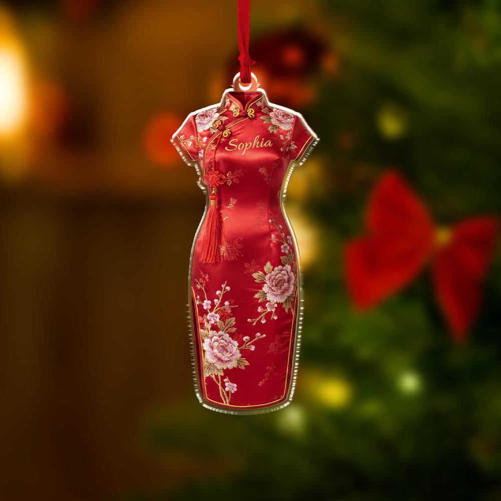 Personalized Qipao Ornament, Acrylic Hanging Decoration with Red Floral Dress Design