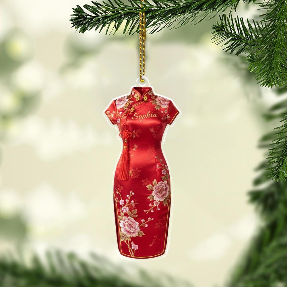 Personalized Qipao Ornament, Acrylic Hanging Decoration with Red Floral Dress Design