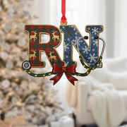 Wood RN Ornament – Nurse Stethoscope Design with Holiday Pattern