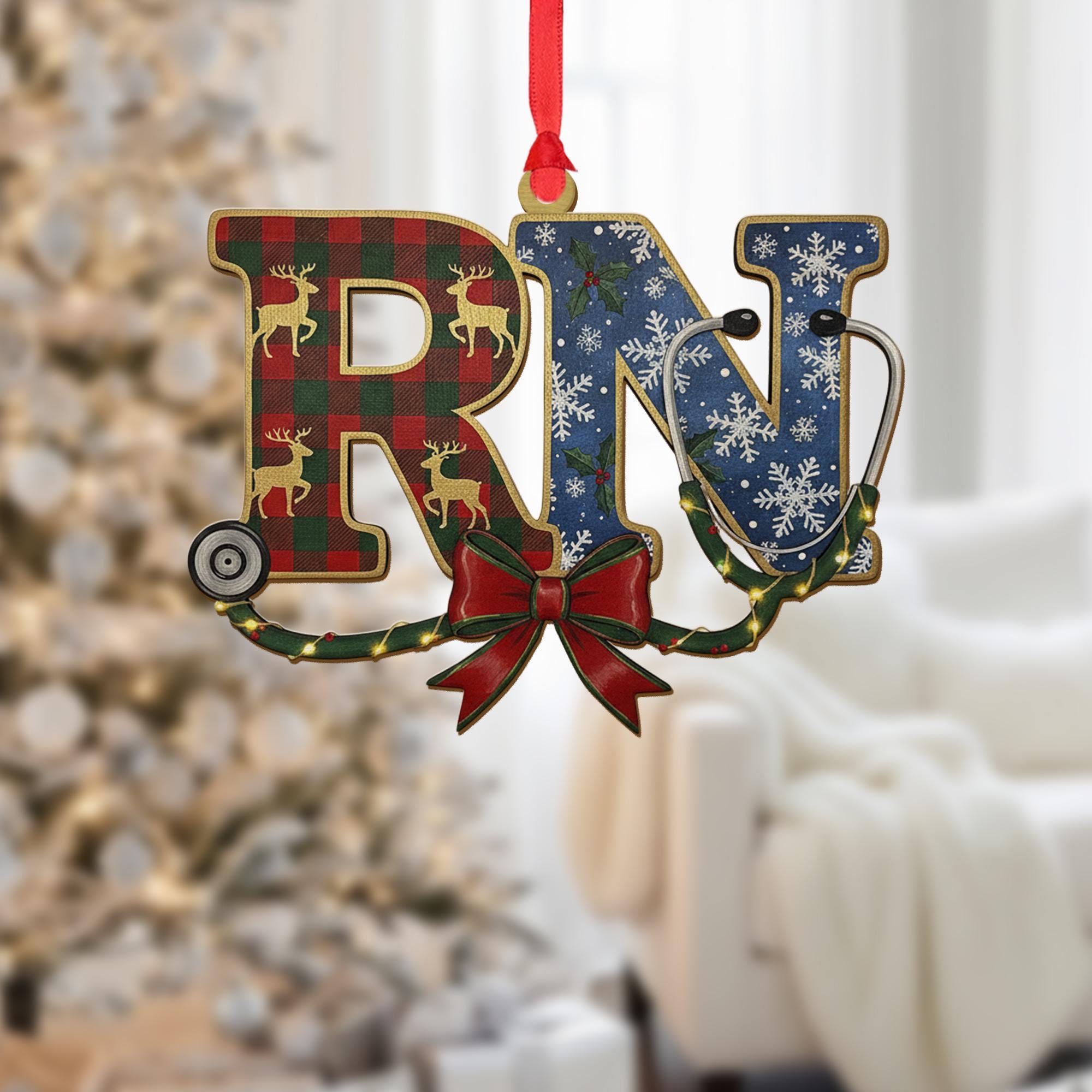 Wood RN Ornament – Nurse Stethoscope Design with Holiday Pattern
