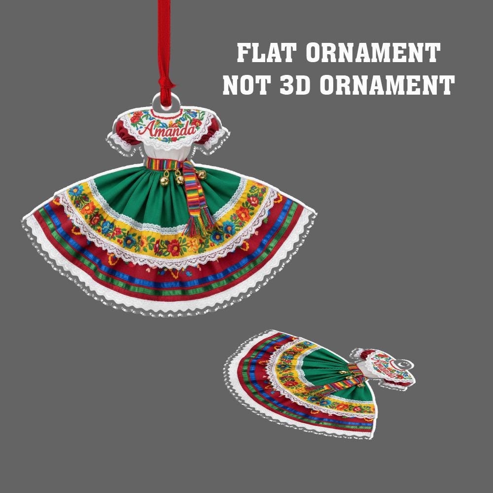 Personalized Mexican Dress Ornament, Acrylic Hanging Decoration with Embroidered Floral Design