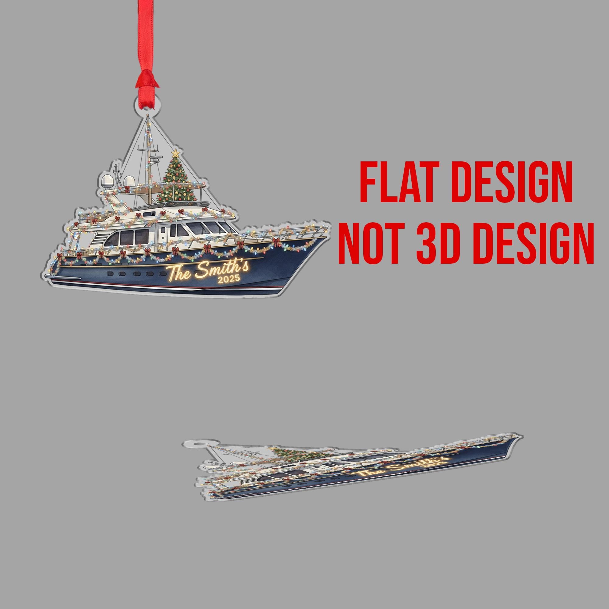 Personalized Boat Ornament – Yacht Design with Christmas Lights and Tree