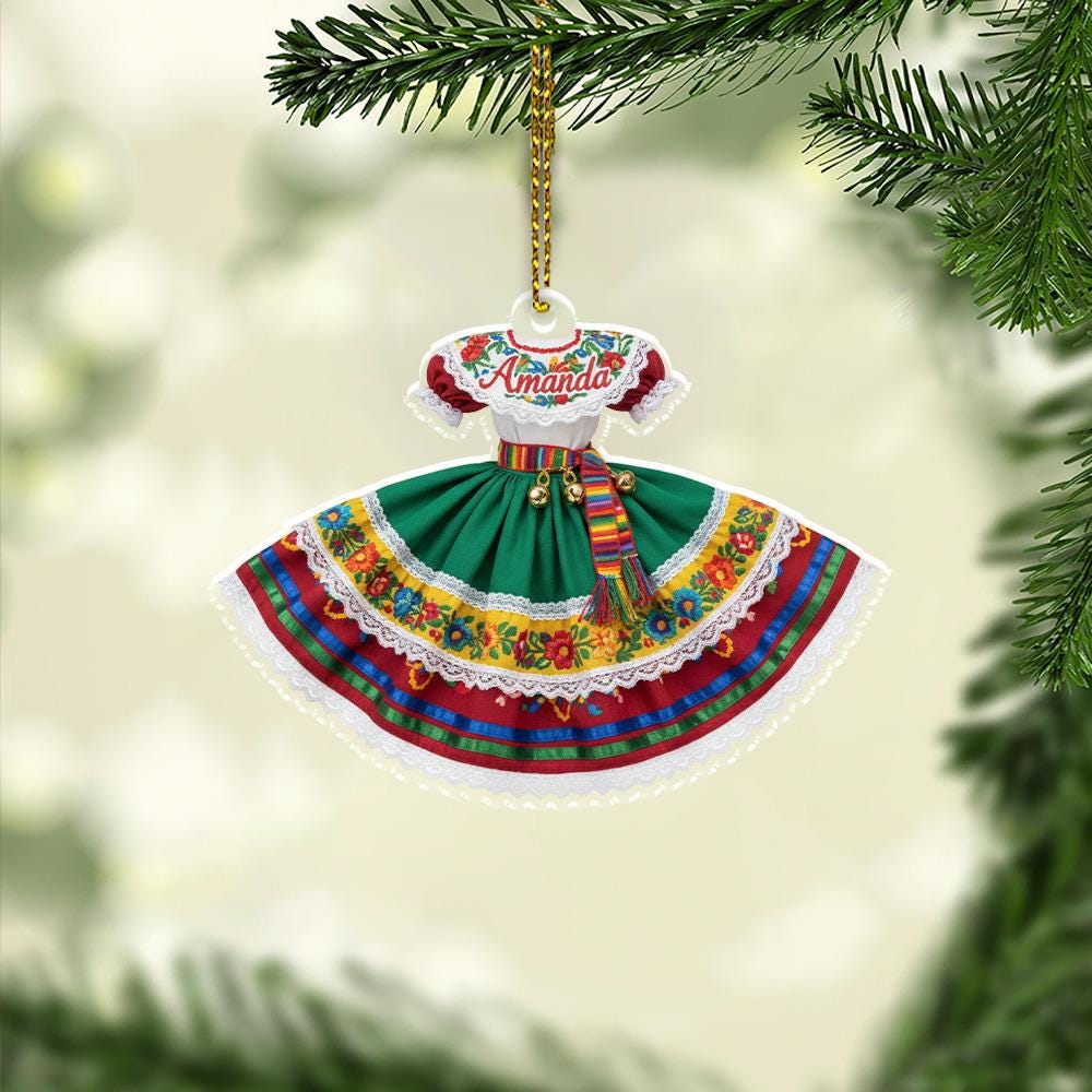 Personalized Mexican Dress Ornament, Acrylic Hanging Decoration with Embroidered Floral Design