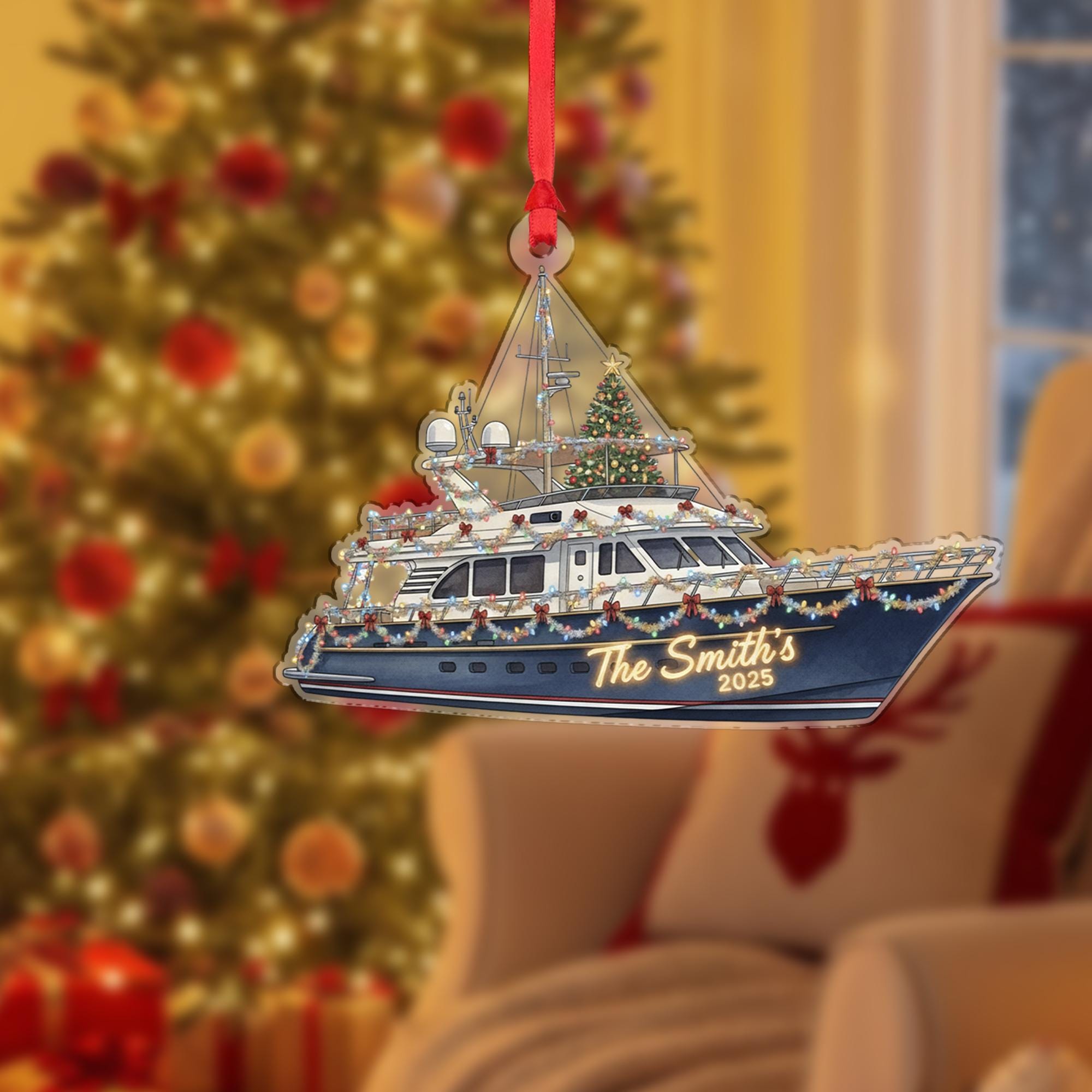 Personalized Boat Ornament – Yacht Design with Christmas Lights and Tree