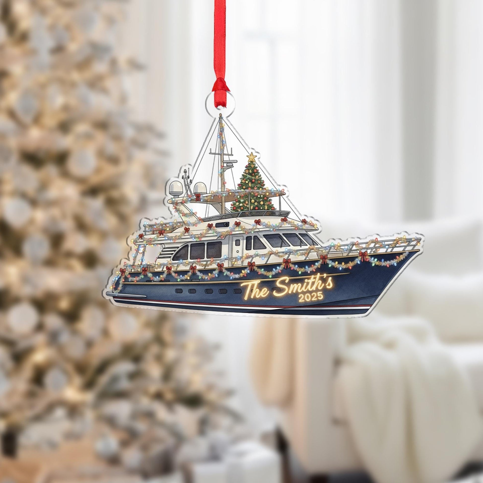 Personalized Boat Ornament – Yacht Design with Christmas Lights and Tree