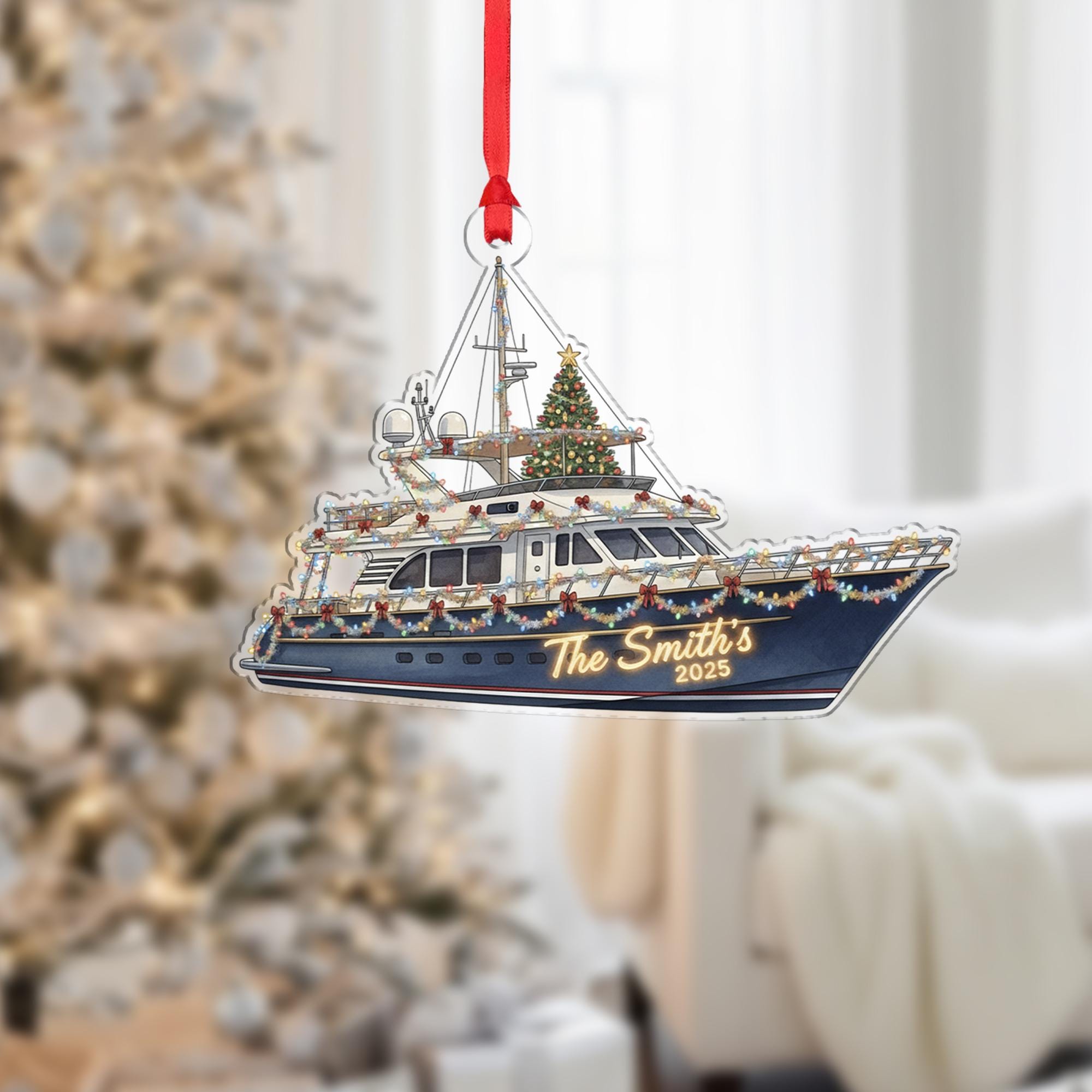 Personalized Boat Ornament – Yacht Design with Christmas Lights and Tree