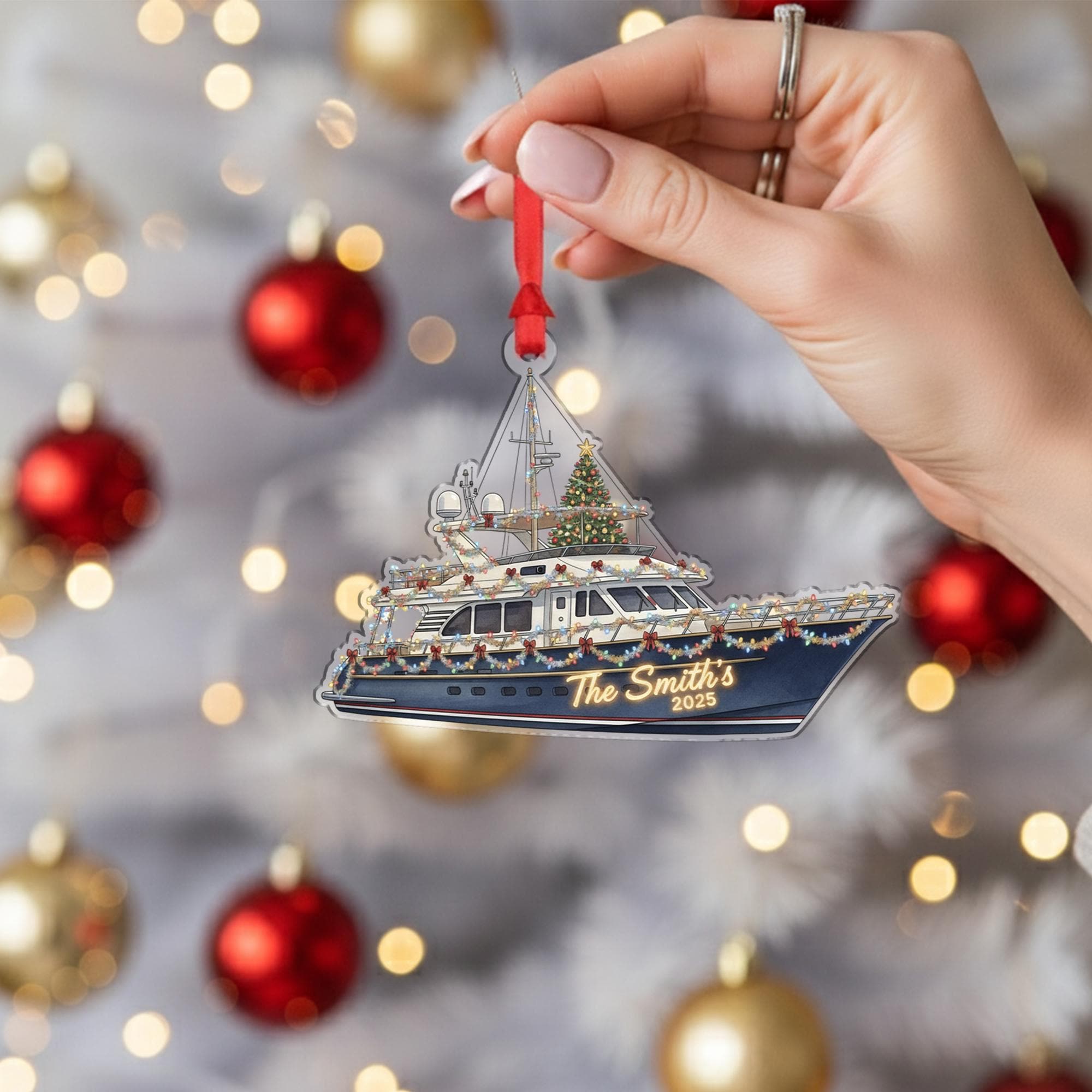 Personalized Boat Ornament – Yacht Design with Christmas Lights and Tree