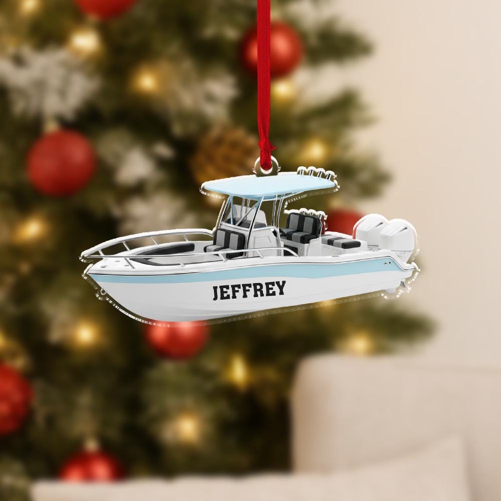 Personalized Boat Ornament, Acrylic Fishing Boat Decoration with Custom Name and Nautical Design