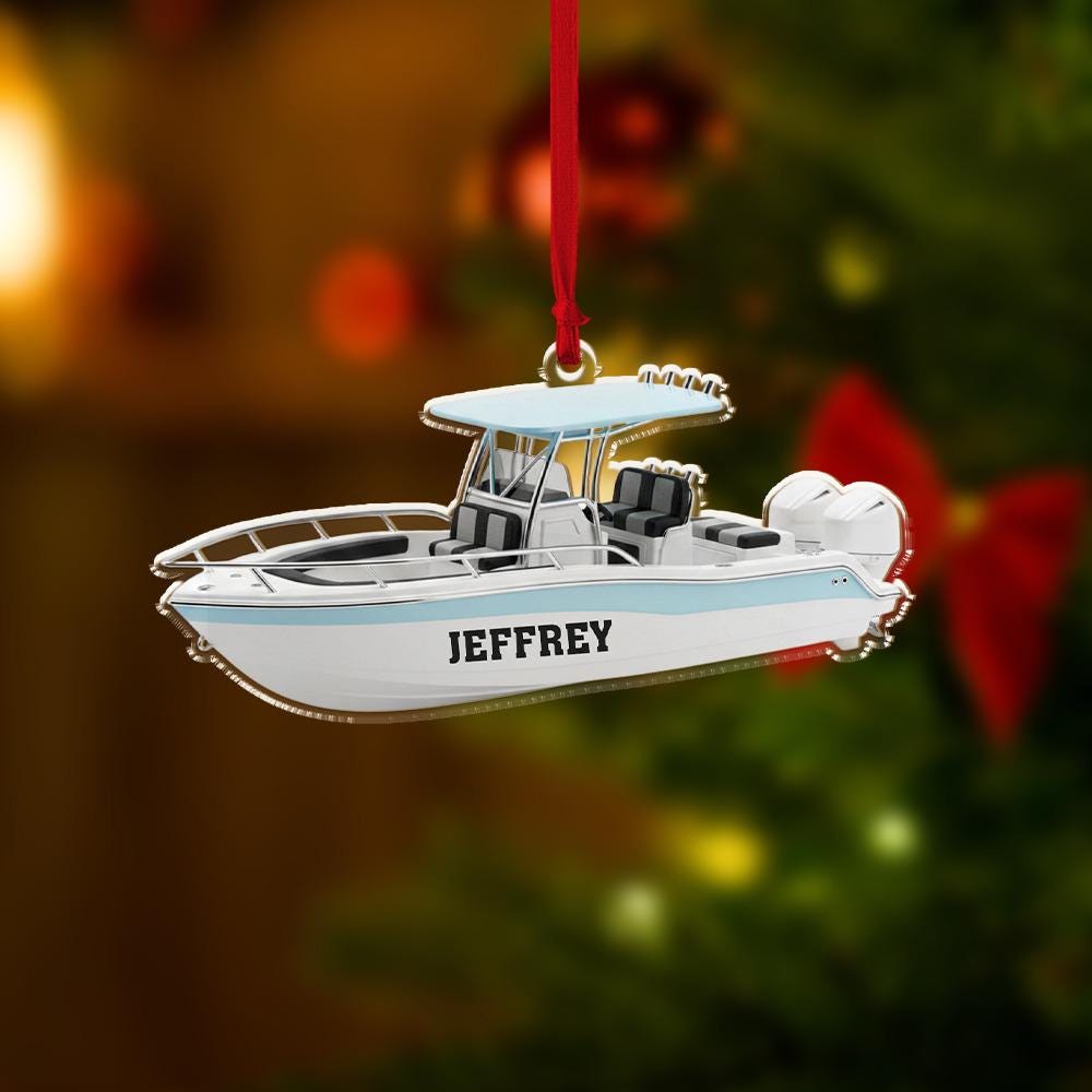 Personalized Boat Ornament, Acrylic Fishing Boat Decoration with Custom Name and Nautical Design