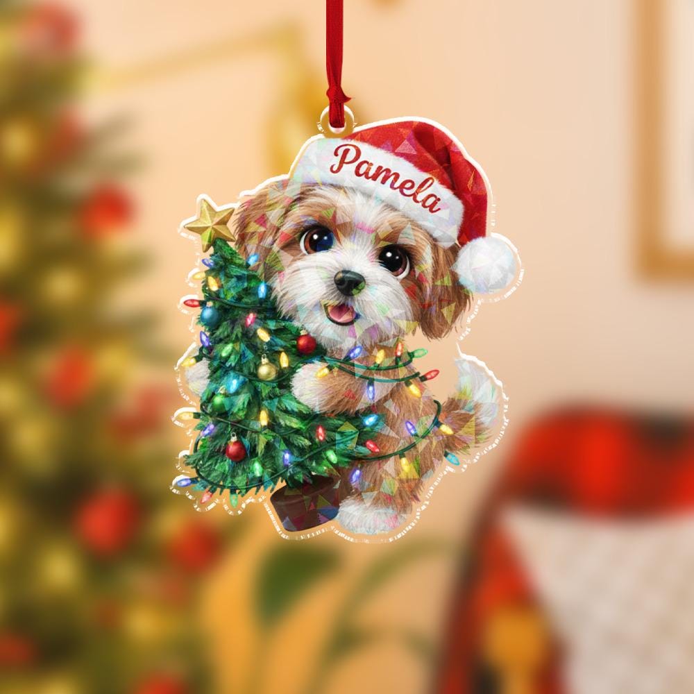 Personalized Dog Ornament, Acrylic Puppy with Christmas Tree and Santa Hat Decoration
