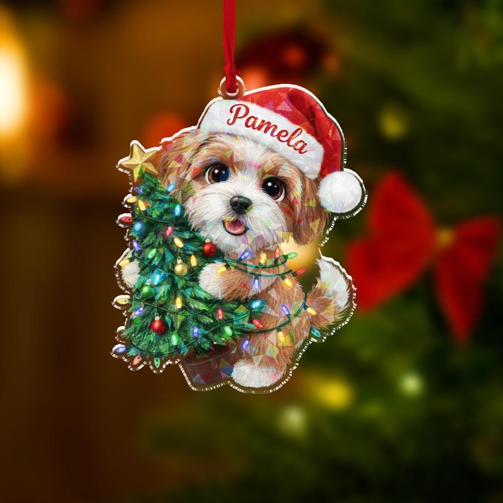 Personalized Dog Ornament, Acrylic Puppy with Christmas Tree and Santa Hat Decoration