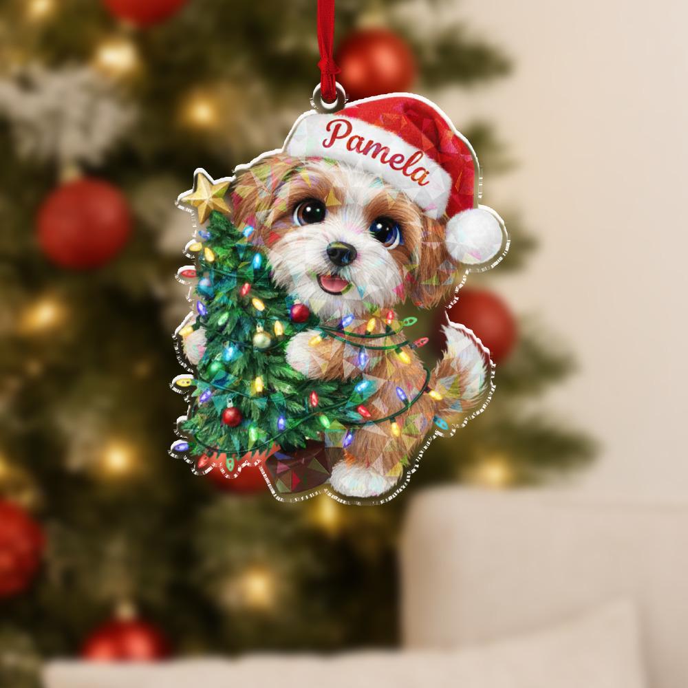 Personalized Dog Ornament, Acrylic Puppy with Christmas Tree and Santa Hat Decoration