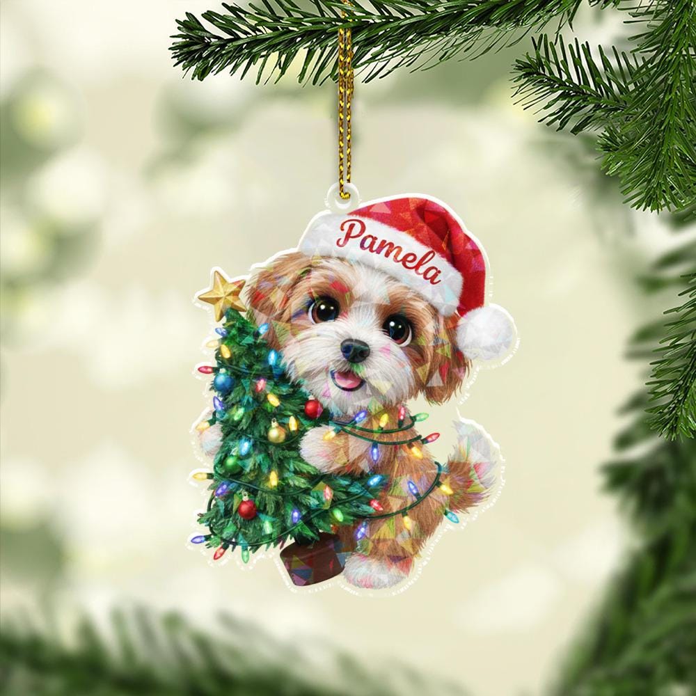 Personalized Dog Ornament, Acrylic Puppy with Christmas Tree and Santa Hat Decoration
