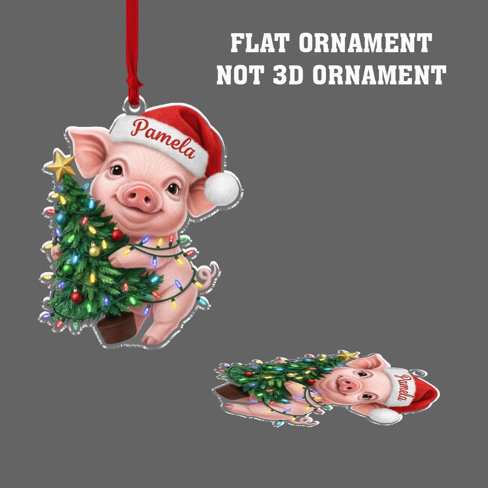 Personalized Pig Ornament, Acrylic Piglet with Christmas Tree and Santa Hat Decoration