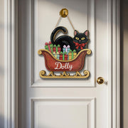 Personalized Black Cat Door Hanger – Wooden Sleigh Sign with Gifts and Bow
