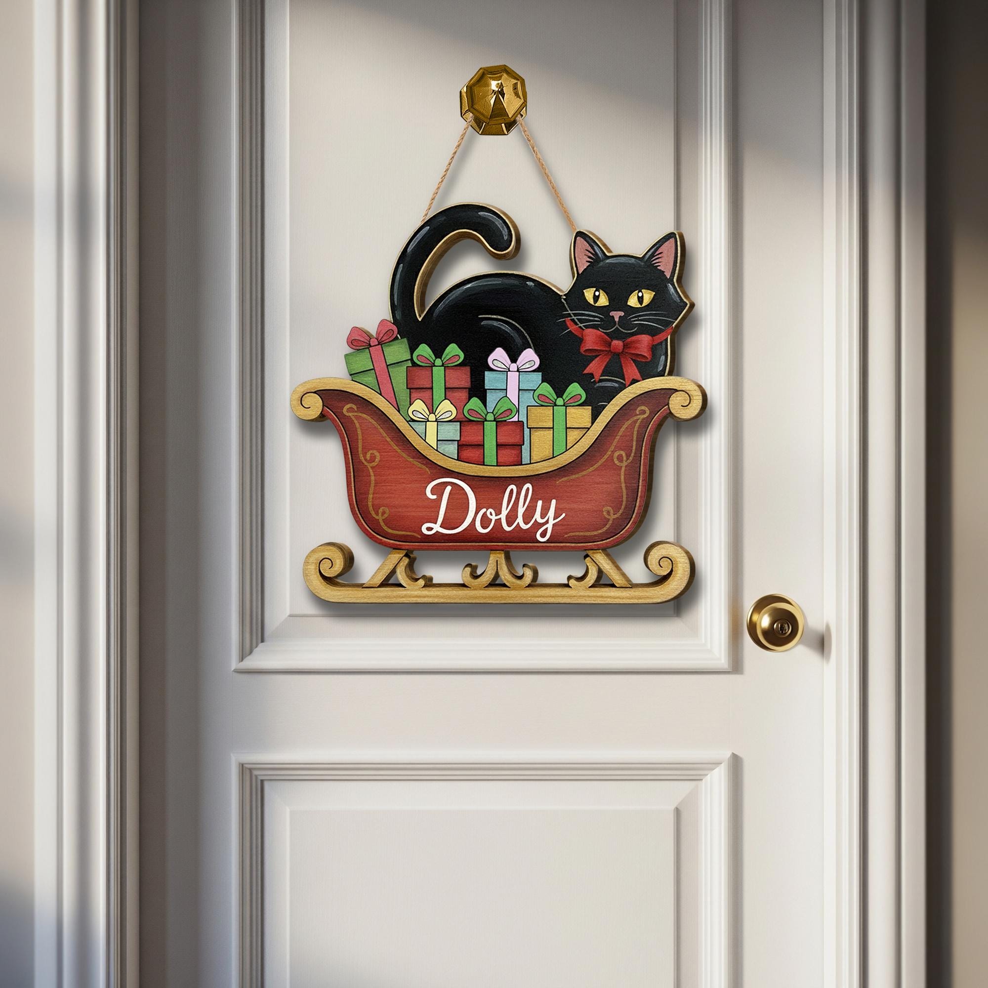 Personalized Black Cat Door Hanger – Wooden Sleigh Sign with Gifts and Bow