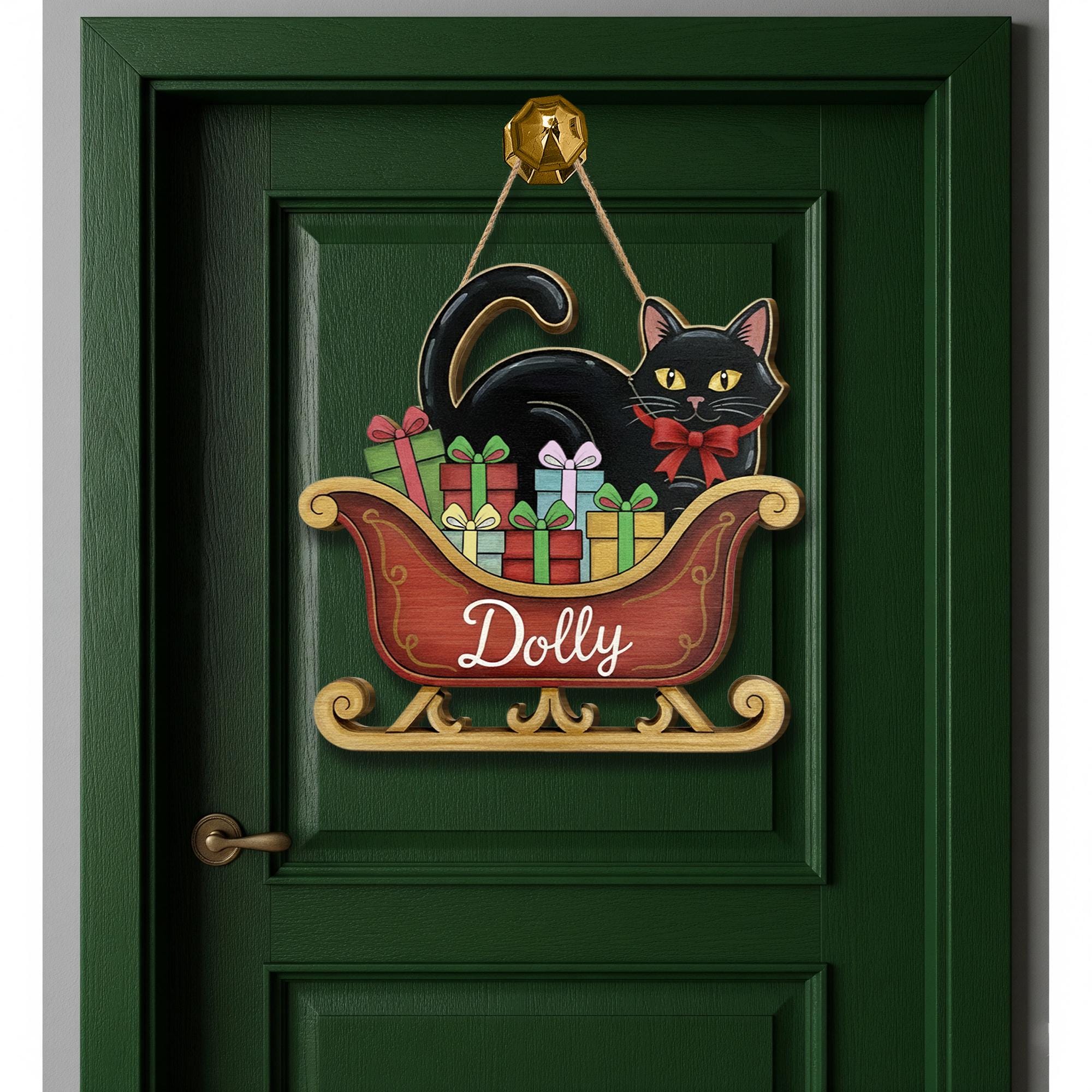 Personalized Black Cat Door Hanger – Wooden Sleigh Sign with Gifts and Bow