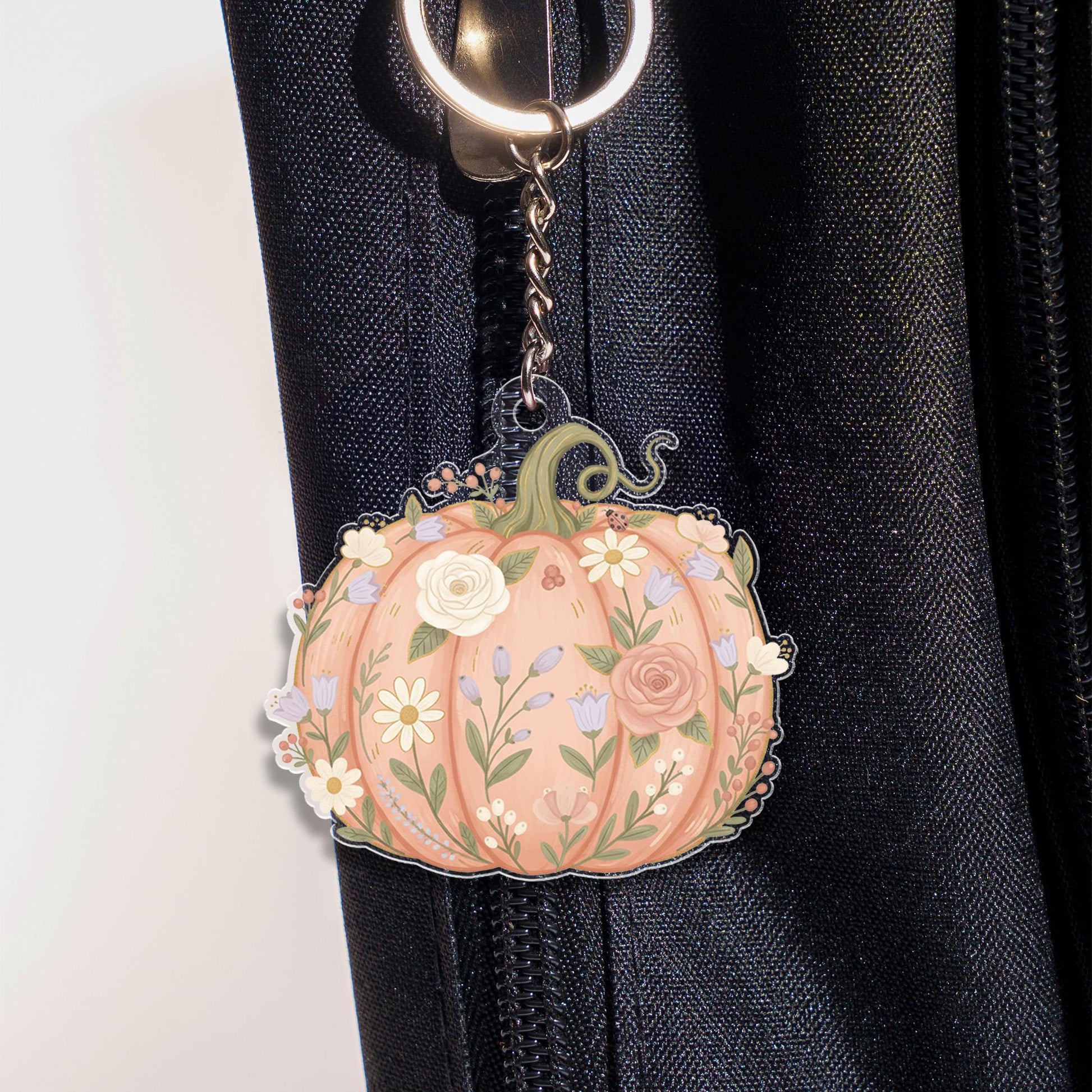 Acrylic Pumpkin Keychain – Floral Design with Botanical Details