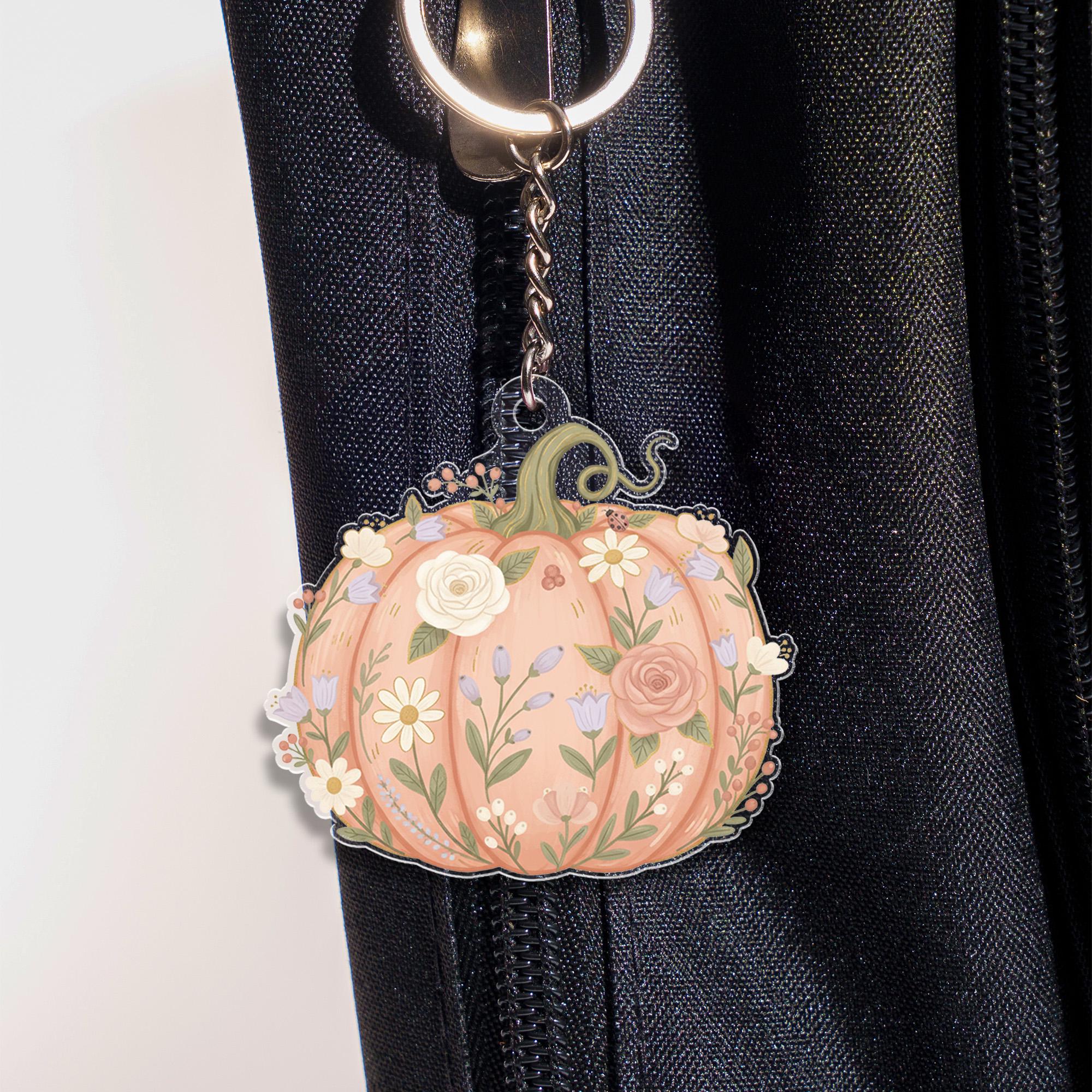 Acrylic Pumpkin Keychain – Floral Design with Botanical Details