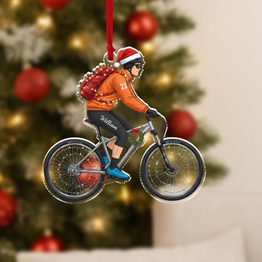 Personalized Cyclist Ornament, Acrylic Biker Christmas Decoration with Santa Hat and Bicycle Design