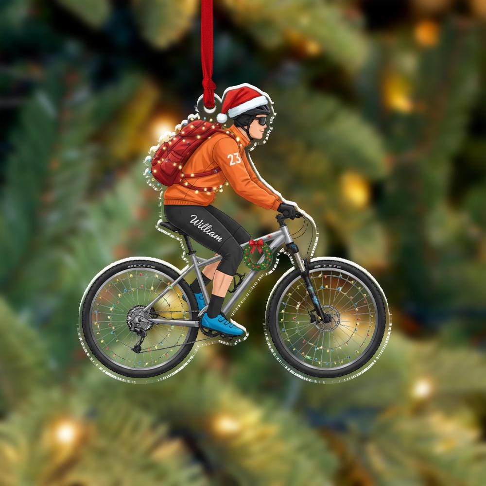 Personalized Cyclist Ornament, Acrylic Biker Christmas Decoration with Santa Hat and Bicycle Design