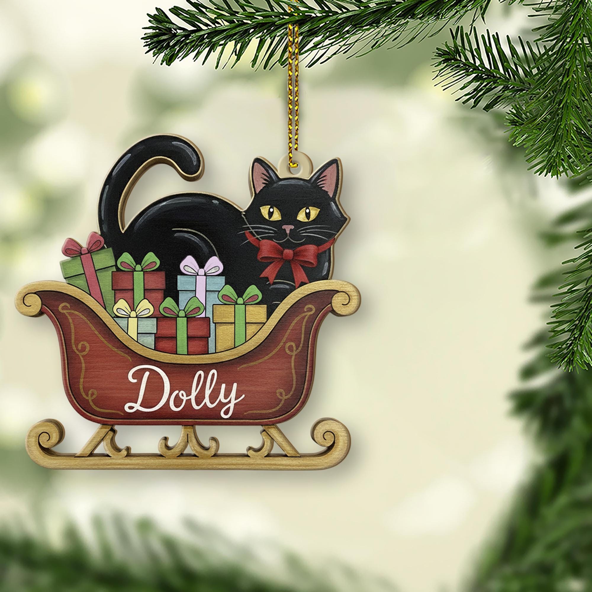 Personalized Black Cat Ornament – Wood Sleigh Design with Gifts and Bow