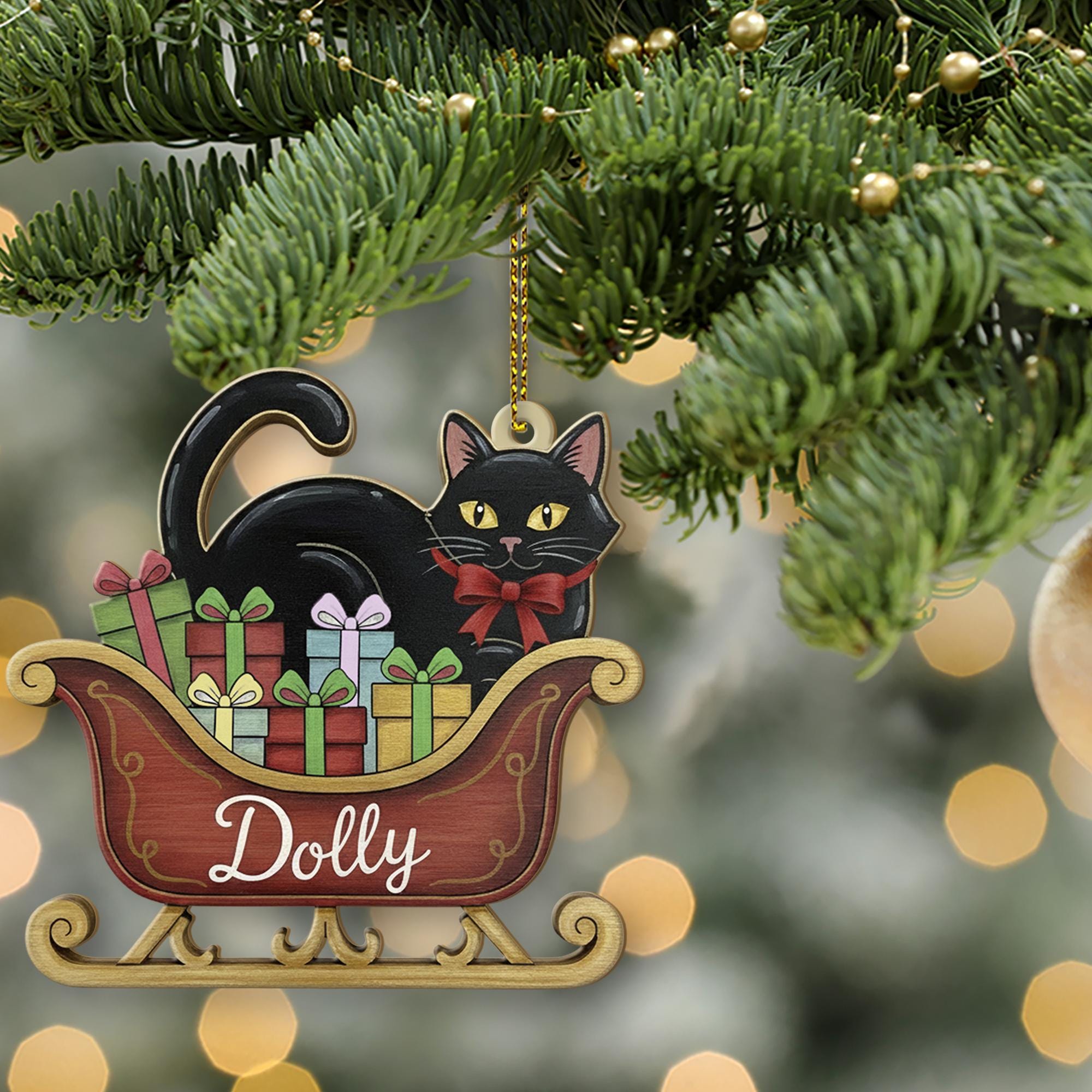 Personalized Black Cat Ornament – Wood Sleigh Design with Gifts and Bow