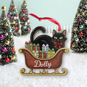 Personalized Black Cat Ornament – Wood Sleigh Design with Gifts and Bow