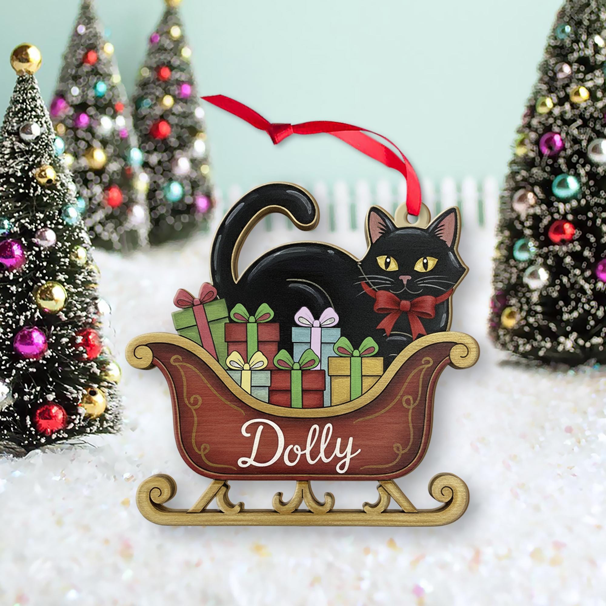 Personalized Black Cat Ornament – Wood Sleigh Design with Gifts and Bow