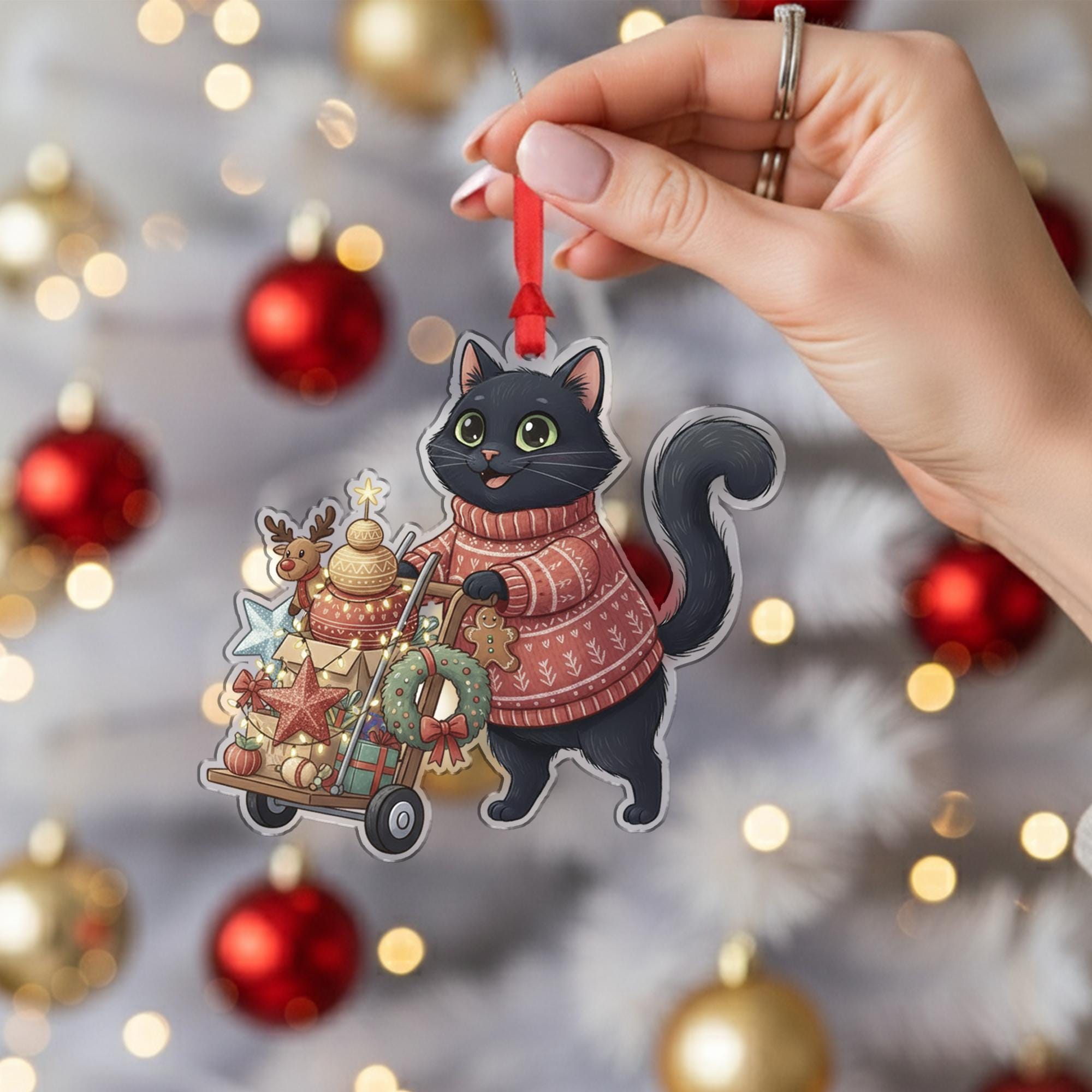 Black Cat Christmas Ornament – Holiday Sweater Design with Gifts and Wreath