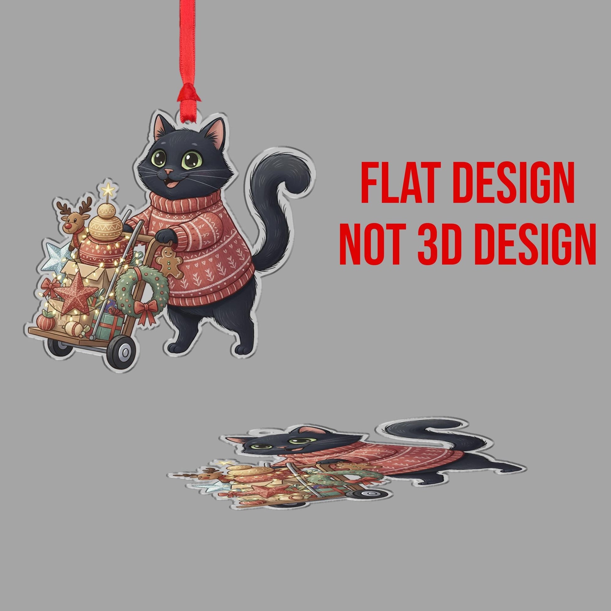 Black Cat Christmas Ornament – Holiday Sweater Design with Gifts and Wreath