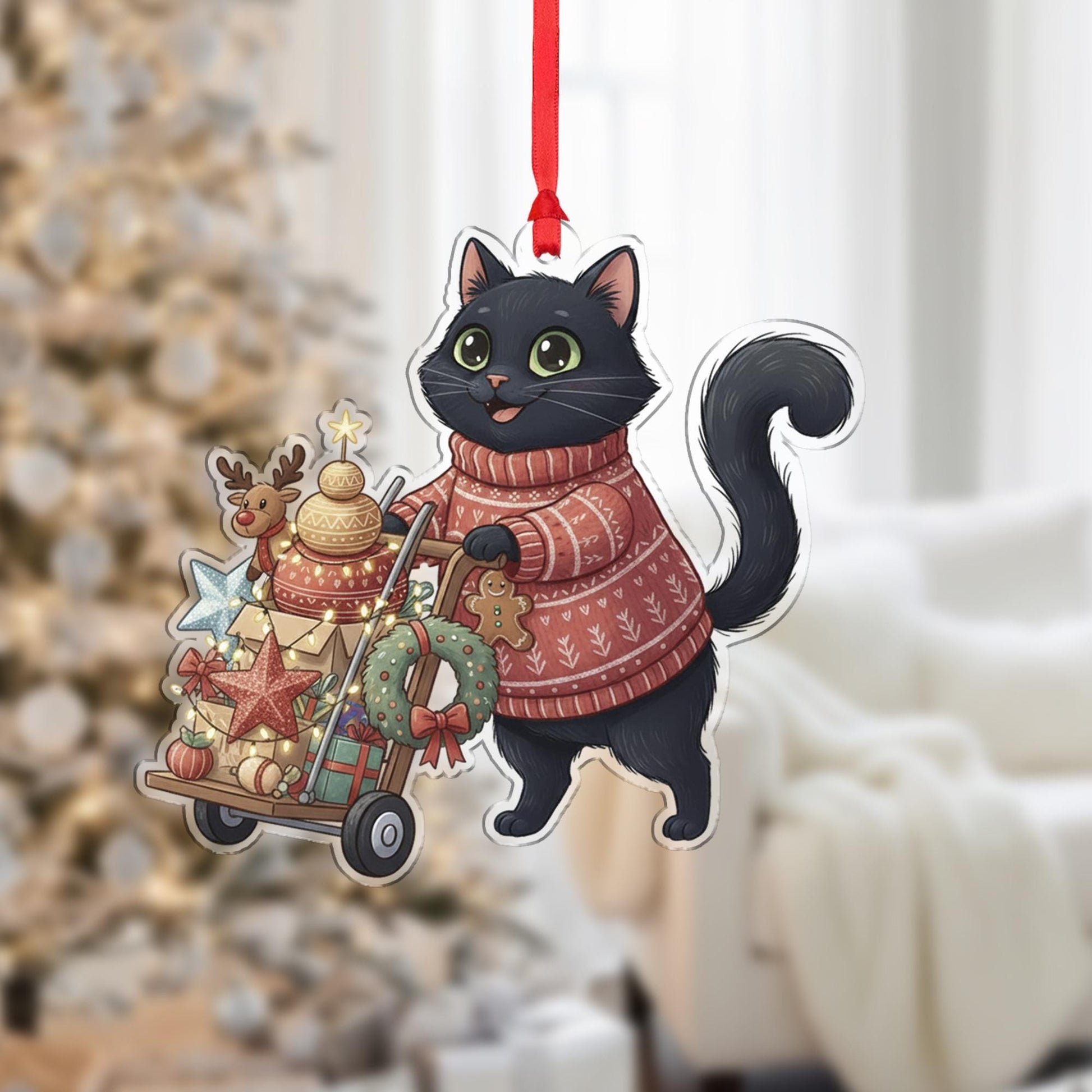 Black Cat Christmas Ornament – Holiday Sweater Design with Gifts and Wreath