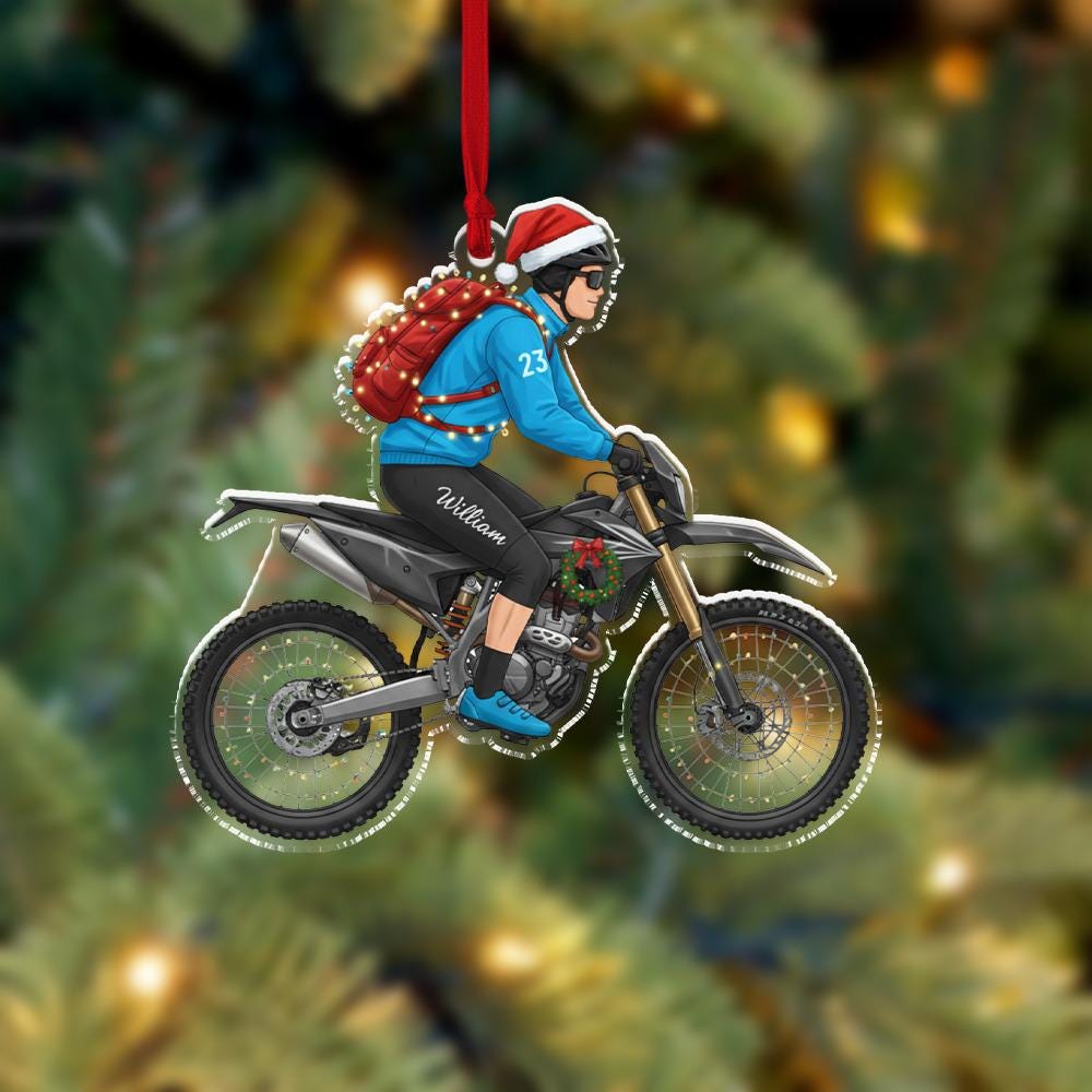 Personalized Motocross Ornament, Acrylic Dirt Bike Rider Christmas Decoration with Santa Hat Design