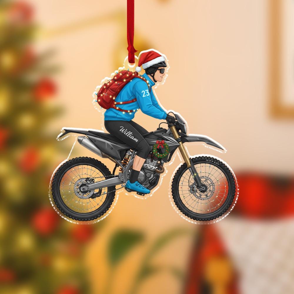 Personalized Motocross Ornament, Acrylic Dirt Bike Rider Christmas Decoration with Santa Hat Design