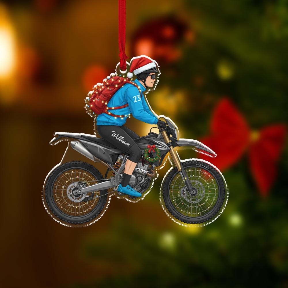 Personalized Motocross Ornament, Acrylic Dirt Bike Rider Christmas Decoration with Santa Hat Design